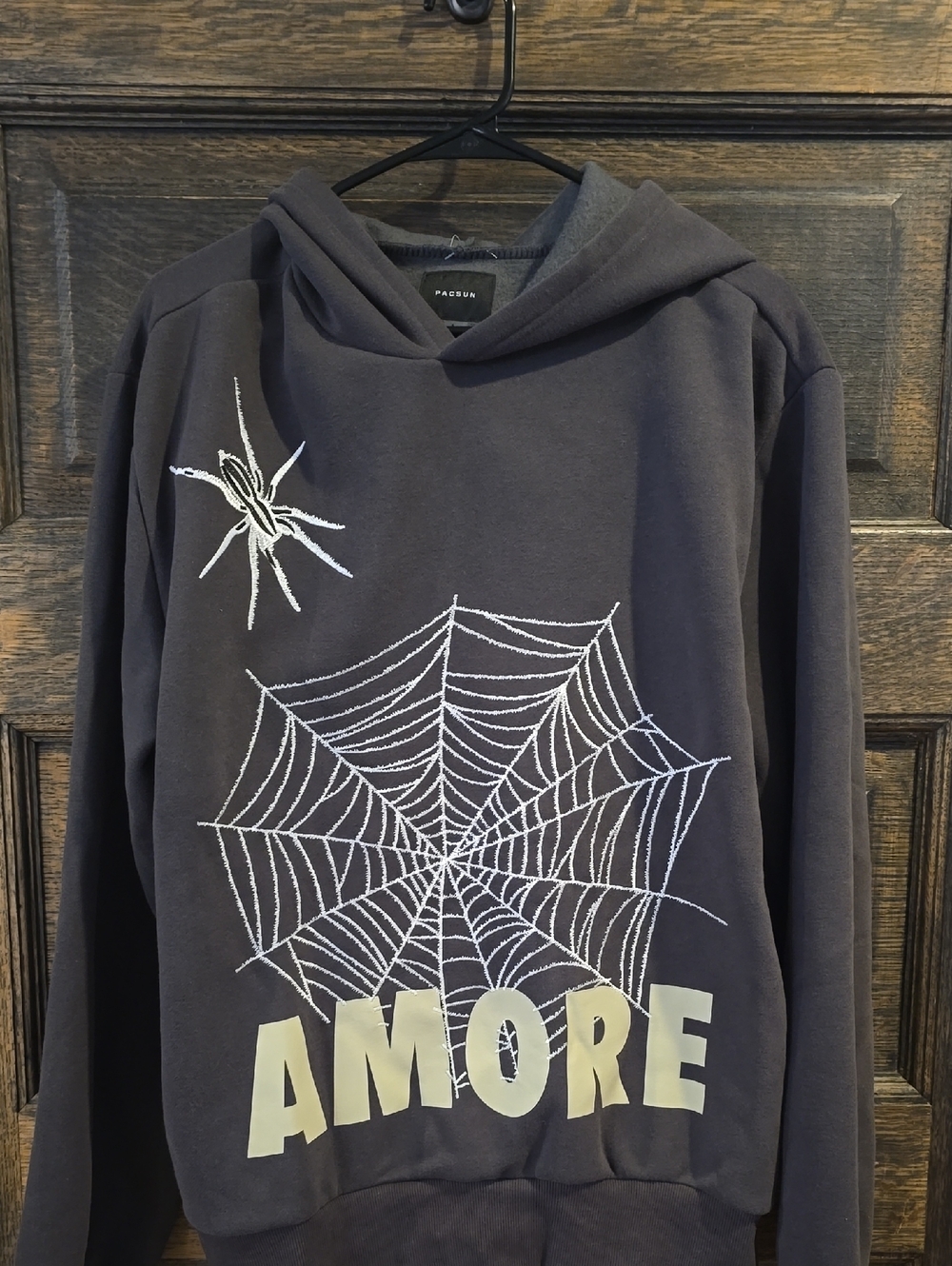 PacSun Men's Charcoal Hoodie with White Spider Web & AMORE Graphic